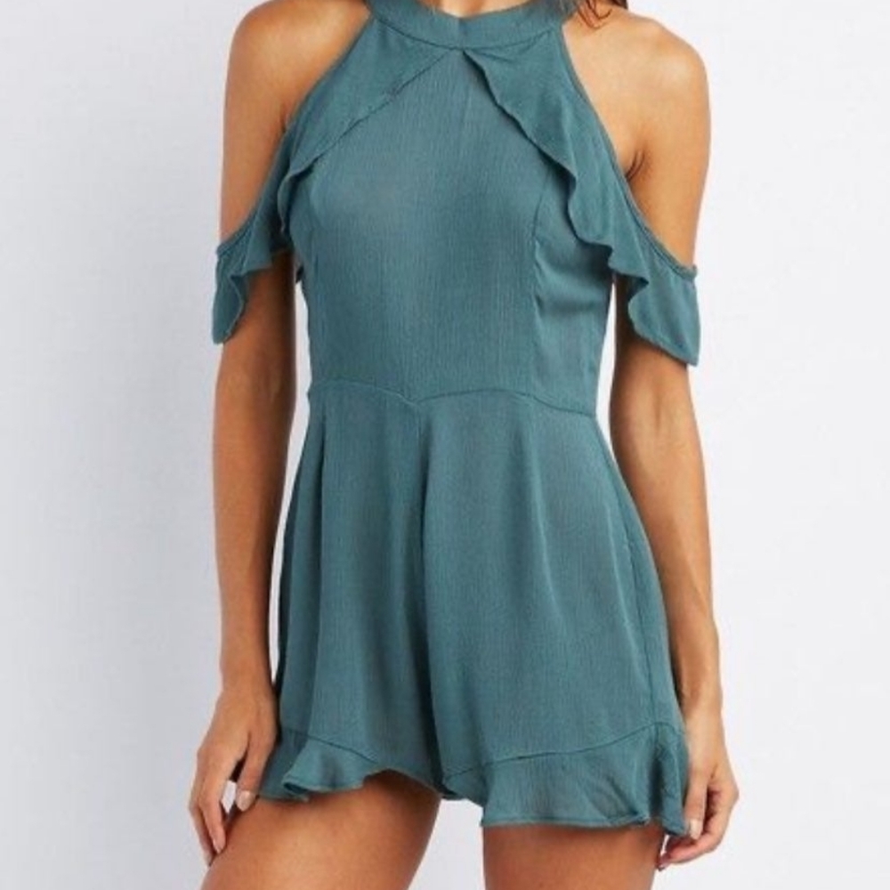 Charlotte Russe Green Ruffled Coldshoulder Romper